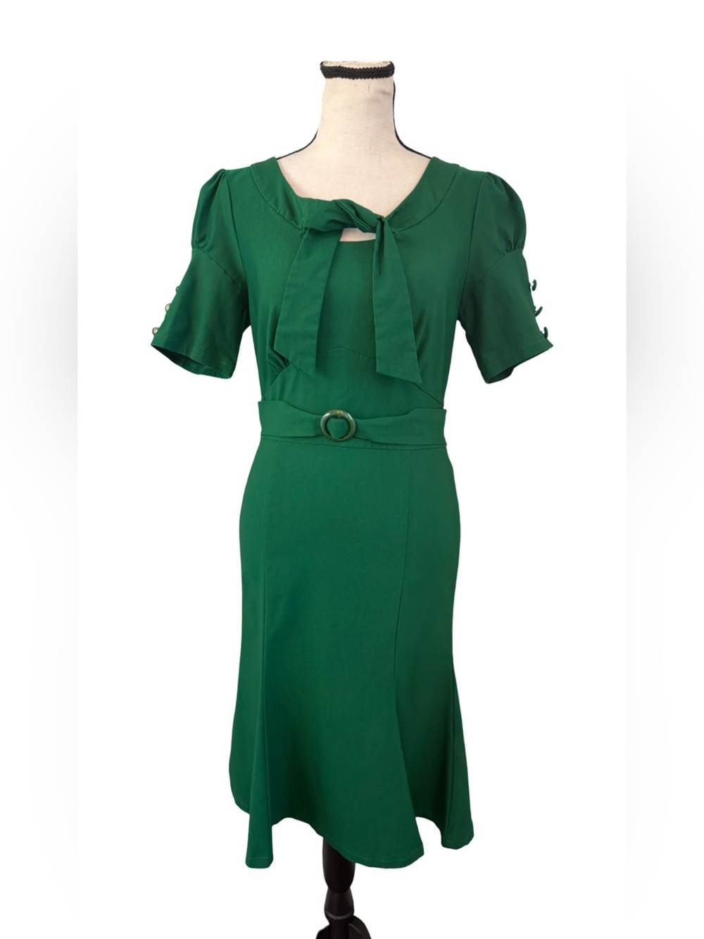MUXXN Boutique Emerald Green Retro Wiggle Dress Size M Tie Neck Stretch